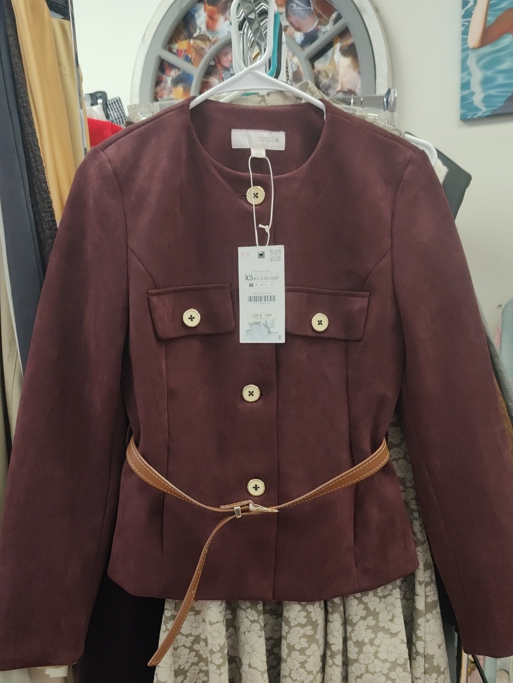 Zara Burgundy Suede Blazer with Tan Belt
